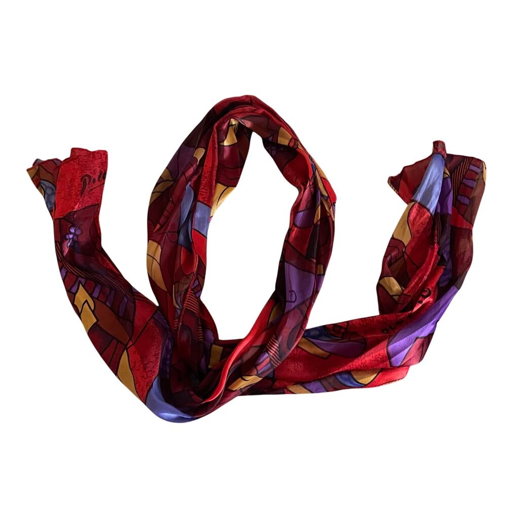 Vintage Picasso Art Scarf 13x62 Red Purple Cubist Abstract Portrait 90s